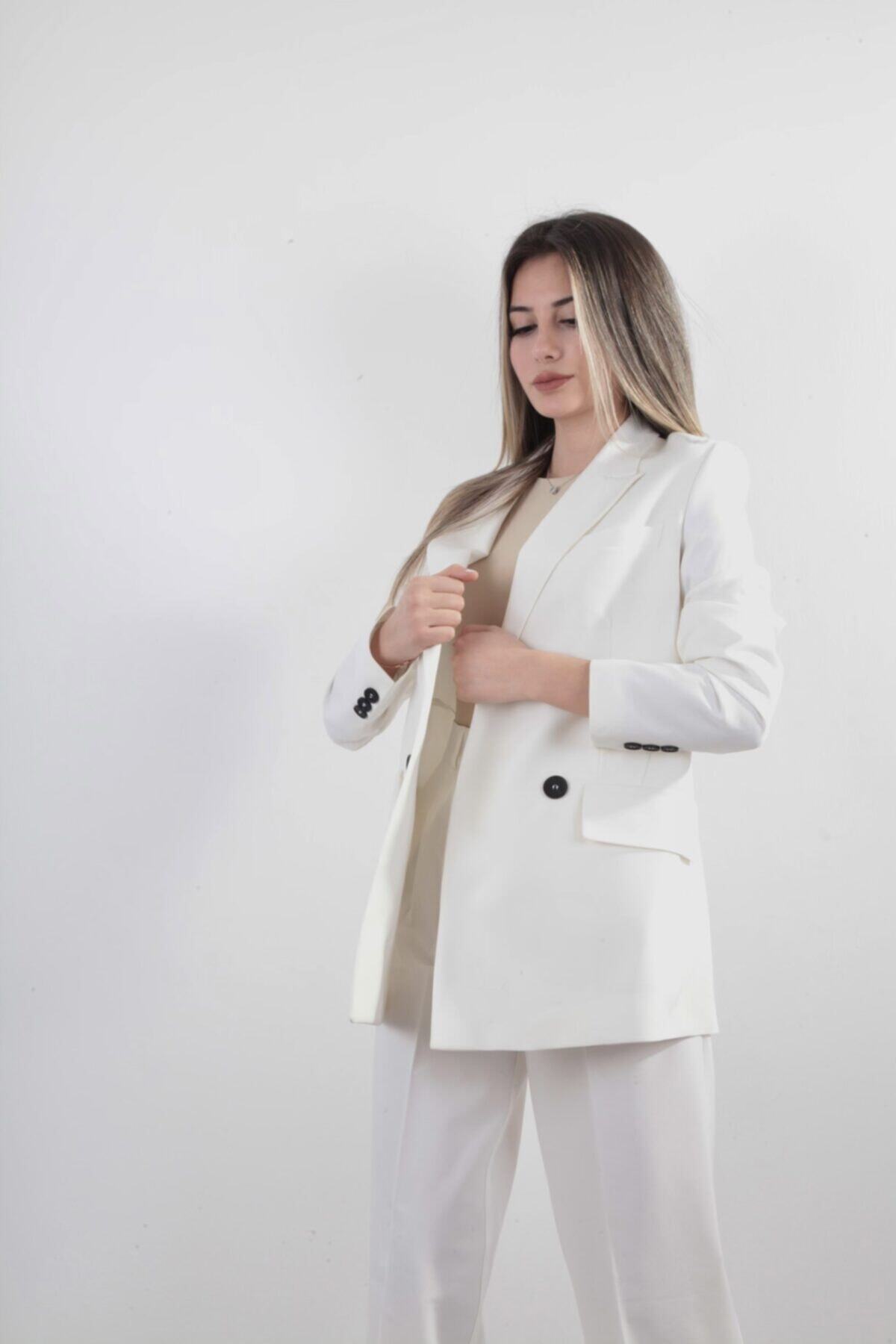 LaPera Beyaz Blazer Ceket Palazzo Pantolon Takım