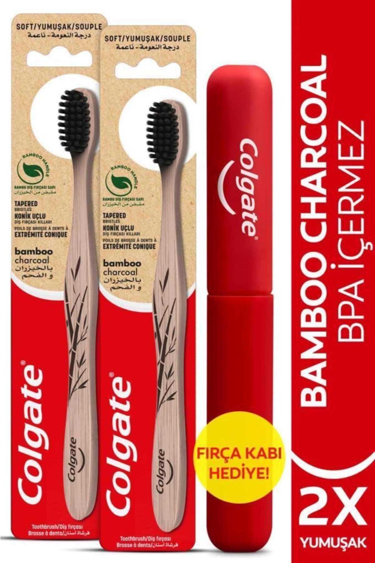Colgate Bamboo Charcoal Yumuşak Diş Fırçası X 2 Adet + Fırça Kabı