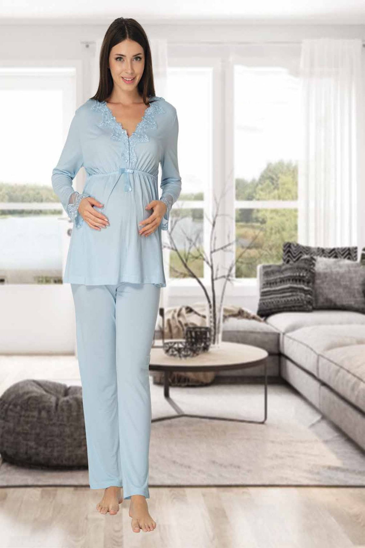 Effortt Mayss Collections 8092 Mavi Renk Dantelli Lohusa Pijama Takımı