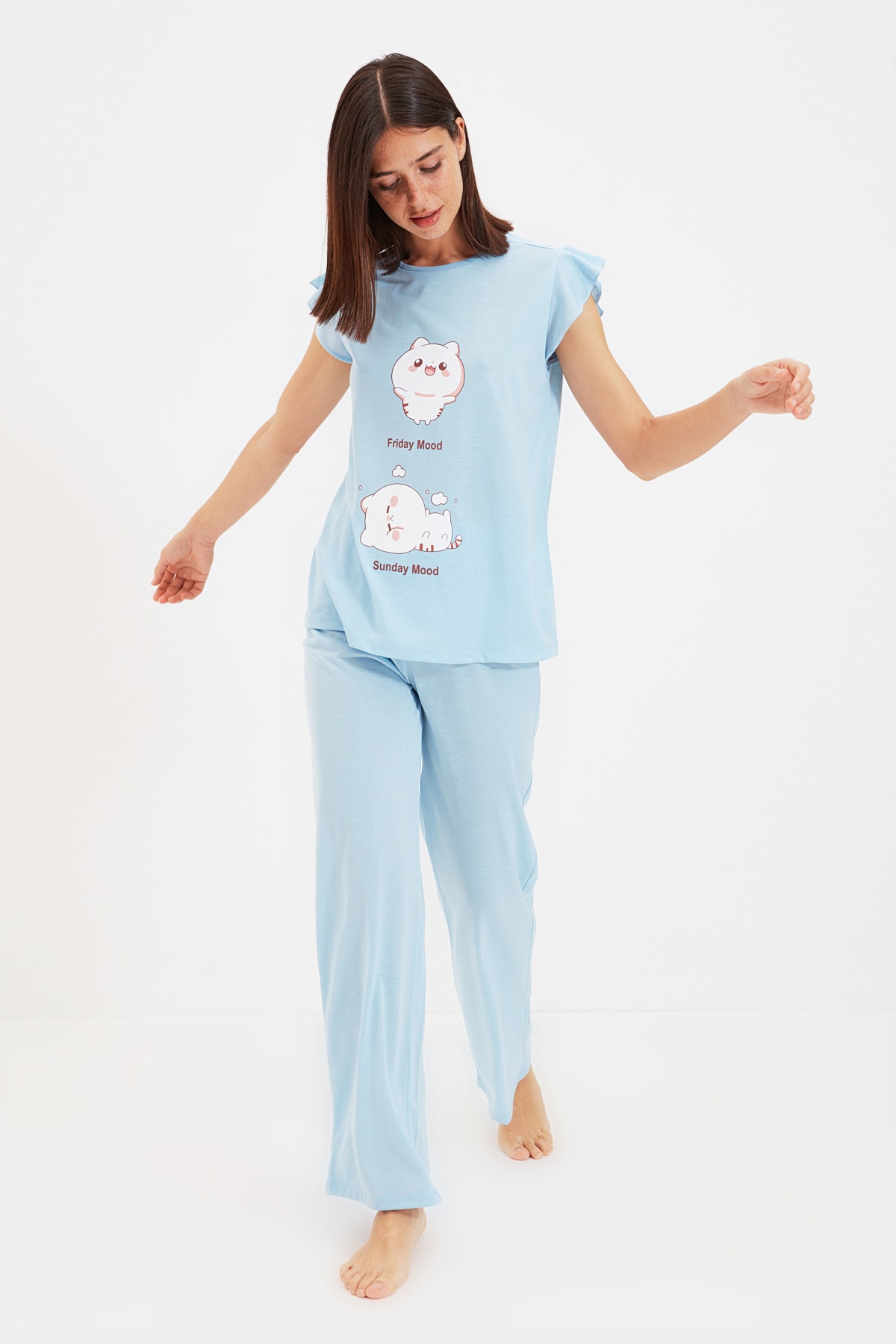 TRENDYOLMİLLA Mavi Baskılı Örme Pijama Takımı THMAW22PT0146