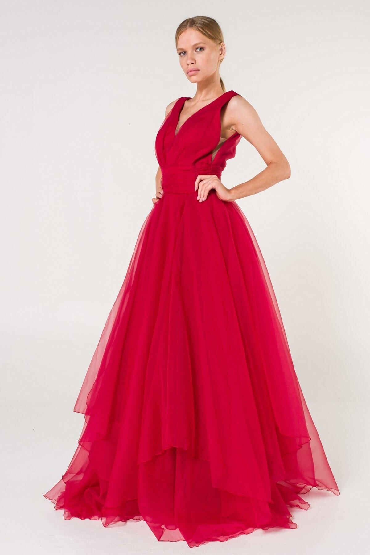 SpringStore Bordo V Yaka Tül Abiye