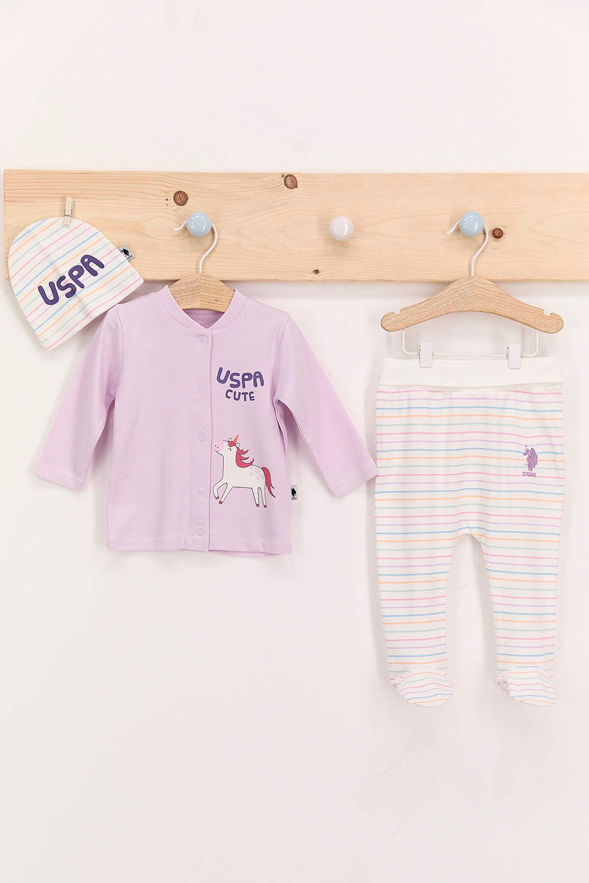 U.S. Polo Assn. U.s. Polo Assn Çizgili Lila Kız Bebek Patikli 3'lü Takım