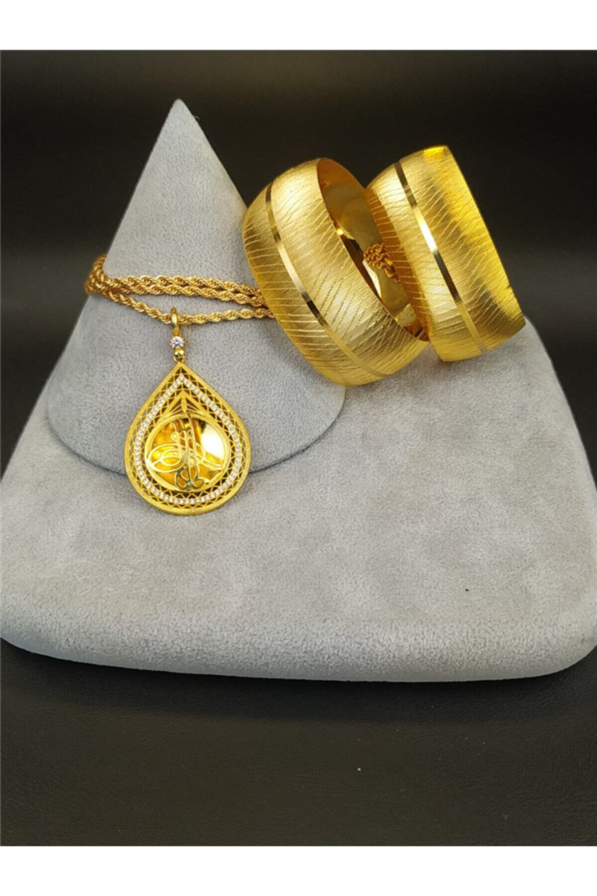 barış gold altın kaplama 22 Ayar Altın Kaplama Kadın 2 Adet 4 Cm Bilezik 1 Adet Kolye Set