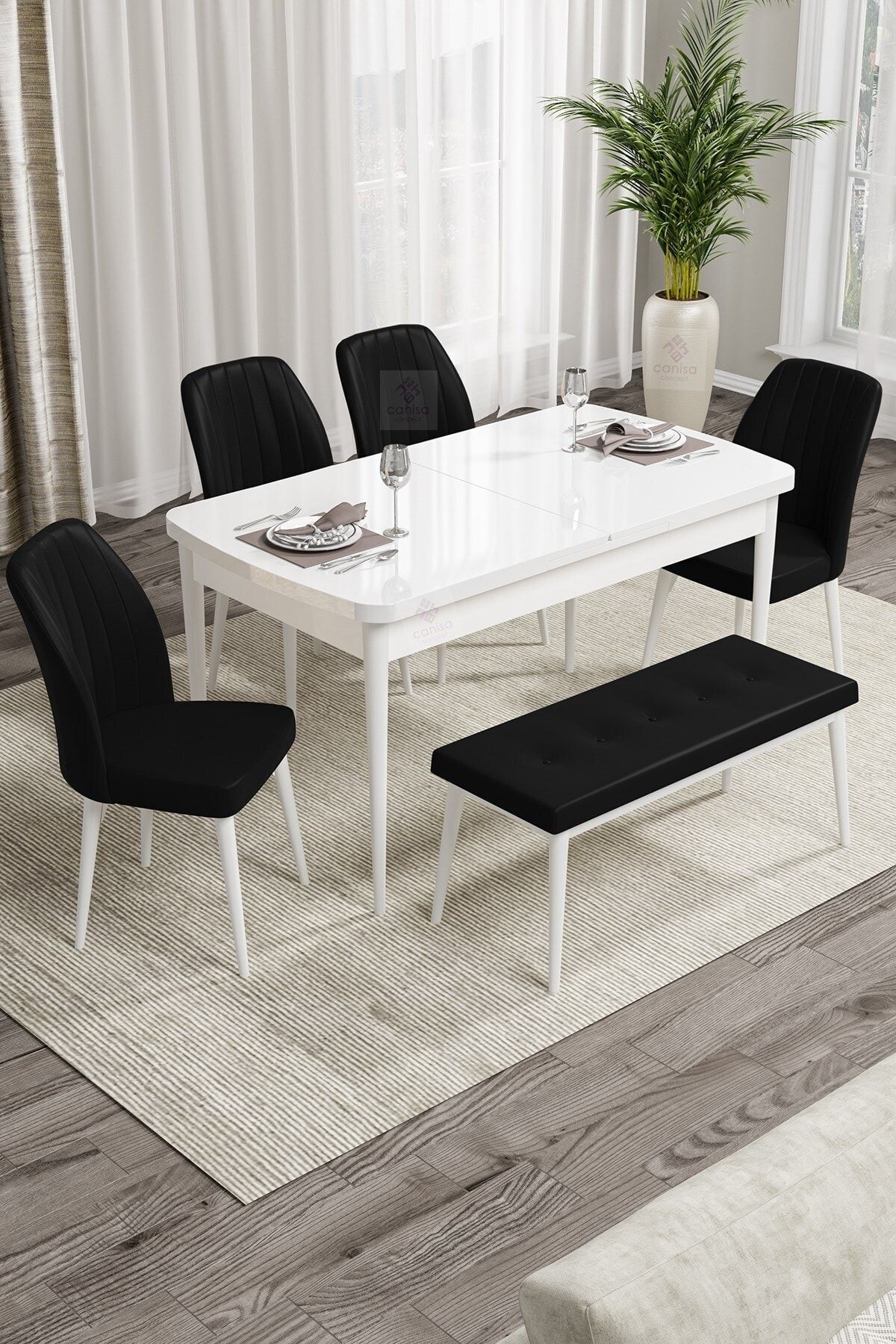 Canisa Concept Rio Serisi Bench'li Beyaz Mdf Mutfak Masa Takımı +4 Siyah Sandalye