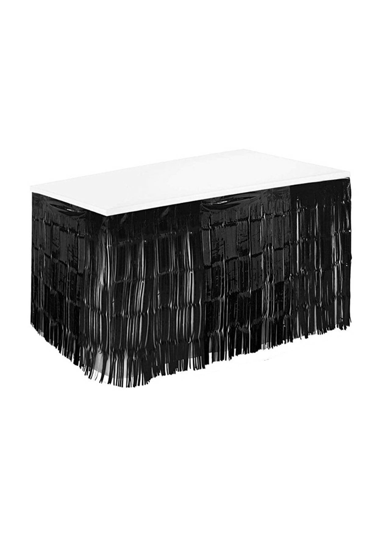 Parti dolabı Siyah Püsküllü Metalize Masa Eteği Metalik Folyo 75cm X 400cm