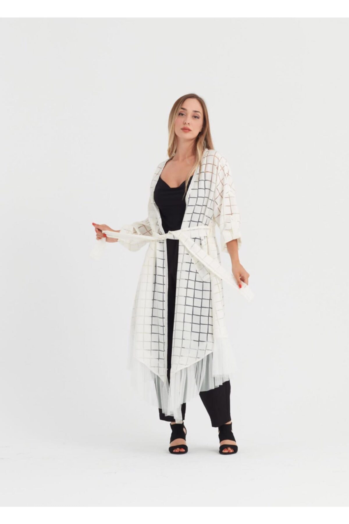 eski Tül Detaylı Kuşaklı Uzun Kimono