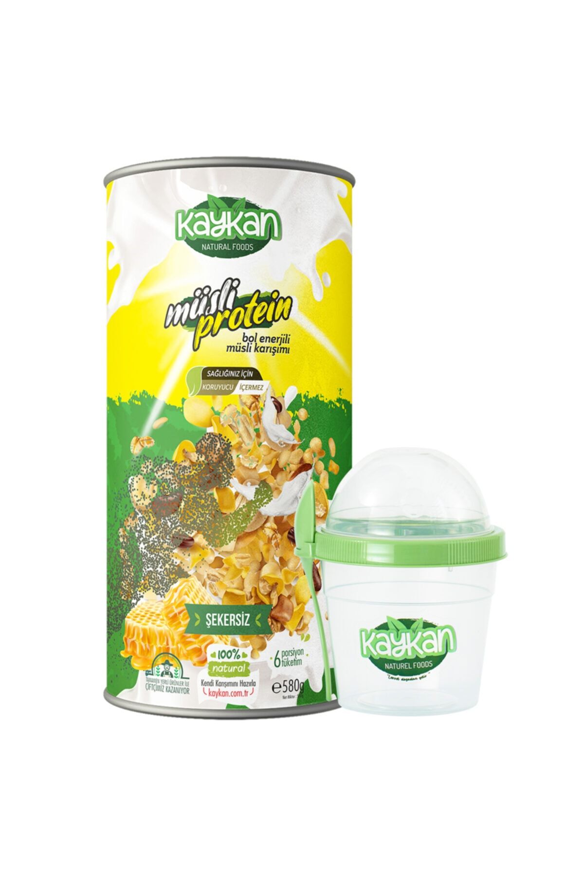 Kaykan Natural Foods Müsli Protein Enerji Karışım Granola 580gr + Müsli Hazırlama Kabı