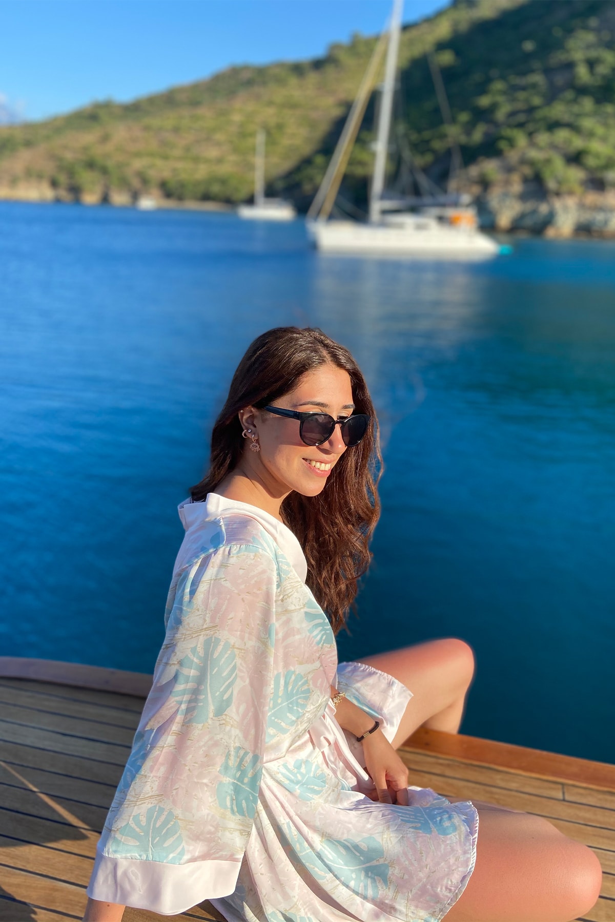 Sista Atelier Sista Beachwear - Pudra Çağla Yaprak Desen Şifon Saten Luce Kimono
