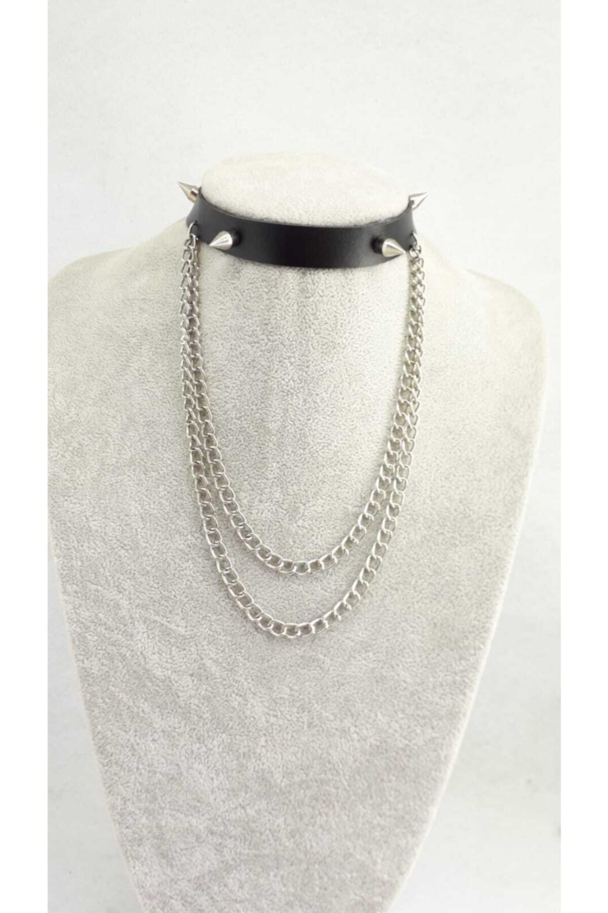 Fugusugu Dört Diken Iki Zincir Suni Deri Choker (uzun Versiyon)