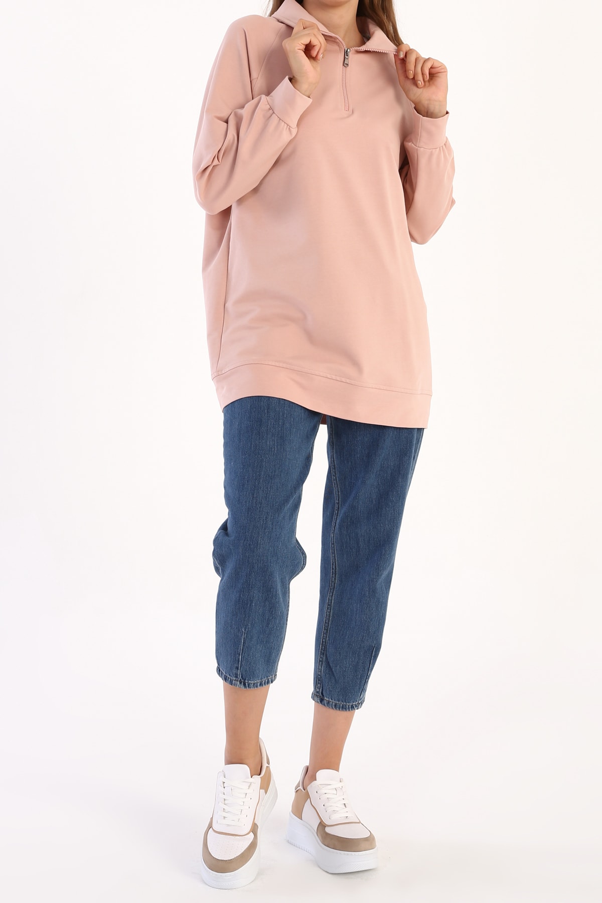 ALLDAY Pudra Polo Yaka Fermuarlı Pamuklu Sweatshirt