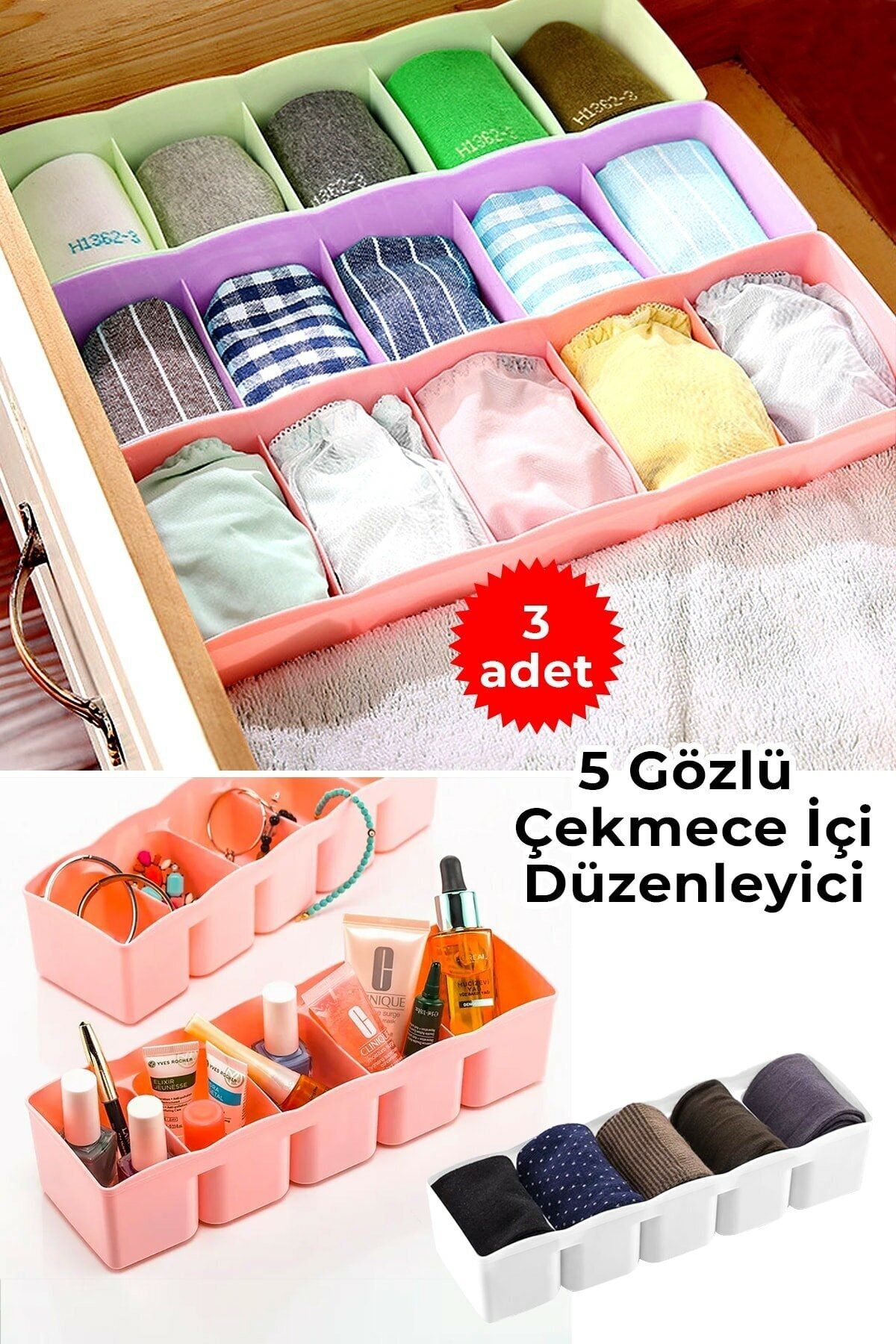 Phigo 3 Adet 5 Gözlü Çekmece Içi Çorap Ve Takı Düzenleyici Organizer