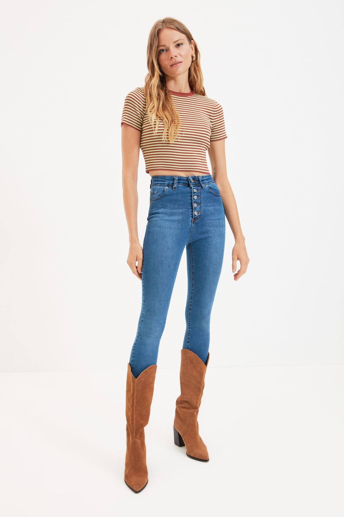 TRENDYOLMİLLA Mavi Önden Düğmeli Yüksek Bel Skinny Jeans TWOAW22JE0716