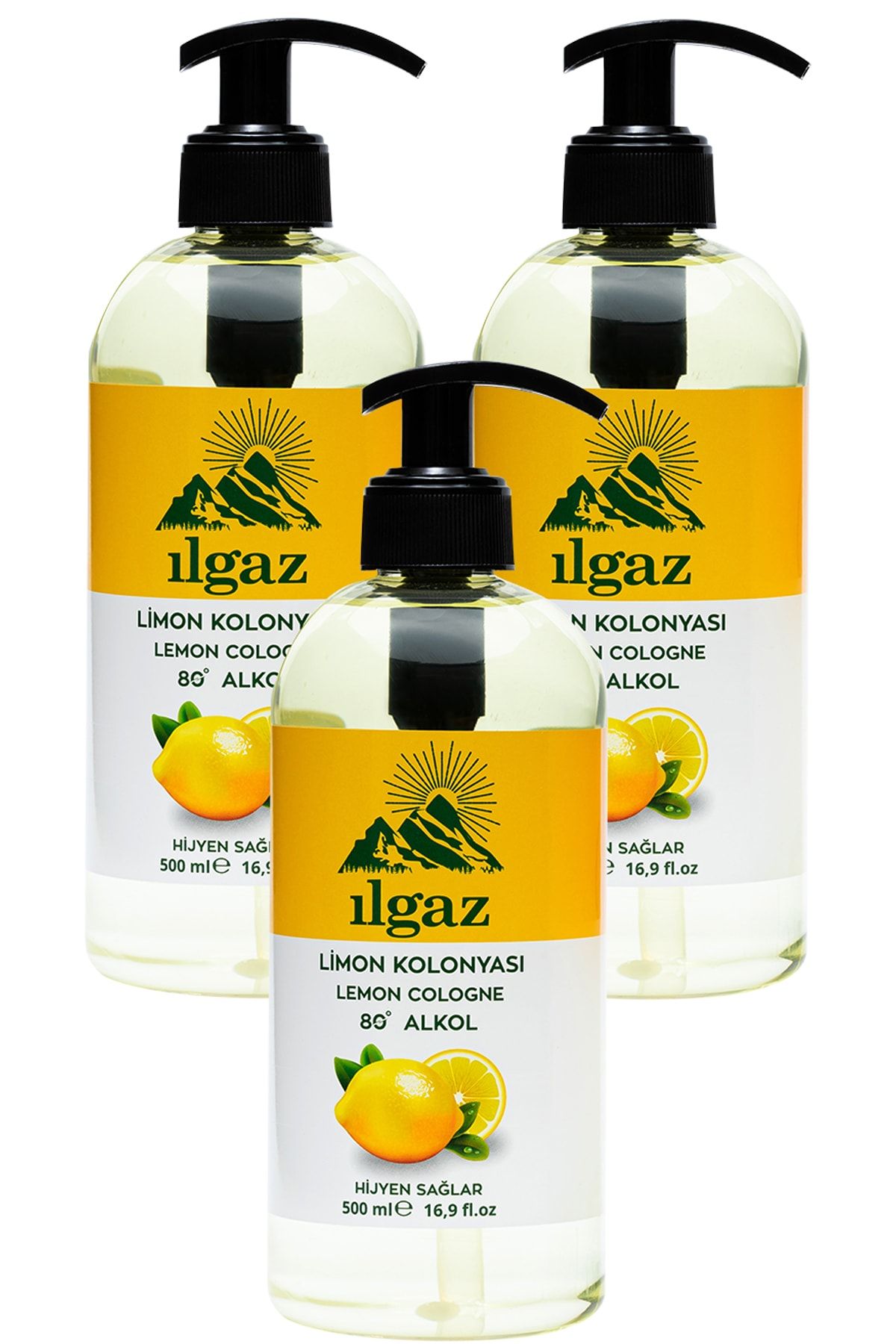 ILGAZ 3 Adet Pompalı Kapak Limon Kolonyası 500 ml 80 Derece Limon Kolonyası Edc