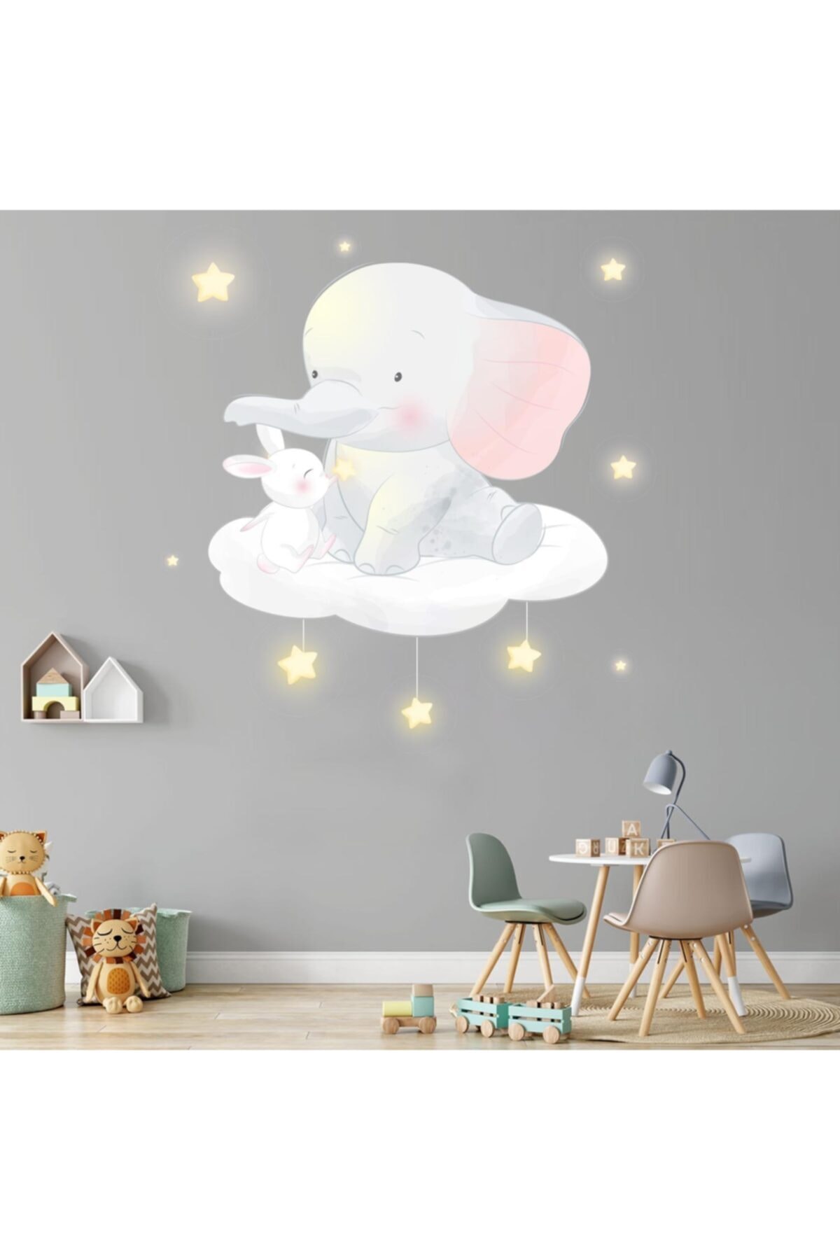 Kt Grup Fil Minik Tavşan Ve Neon Yıldızlar Çocuk Odası Duvar Sticker