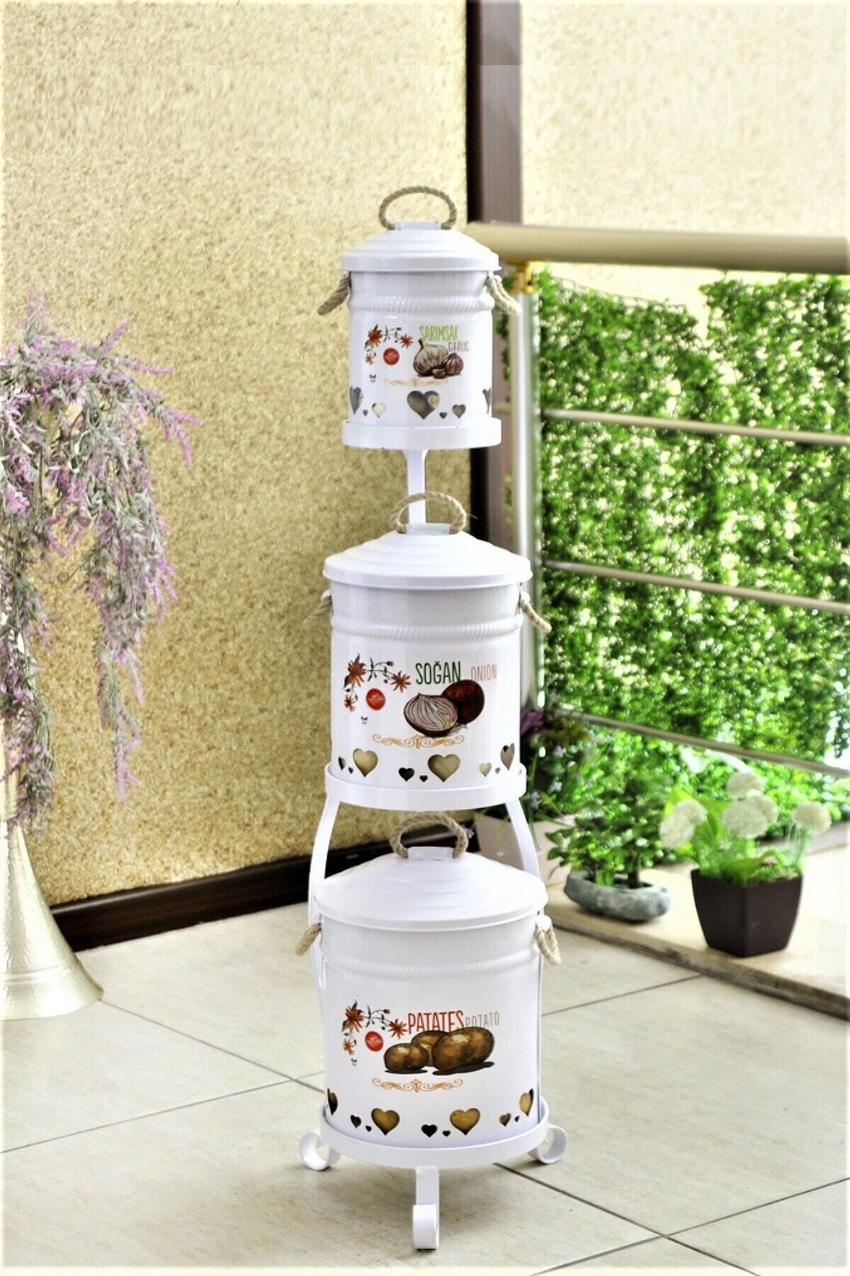 Yıldıray Metal Metal Standlı 3 Katlı Patates Soğan Sarımsak Saklama Seti