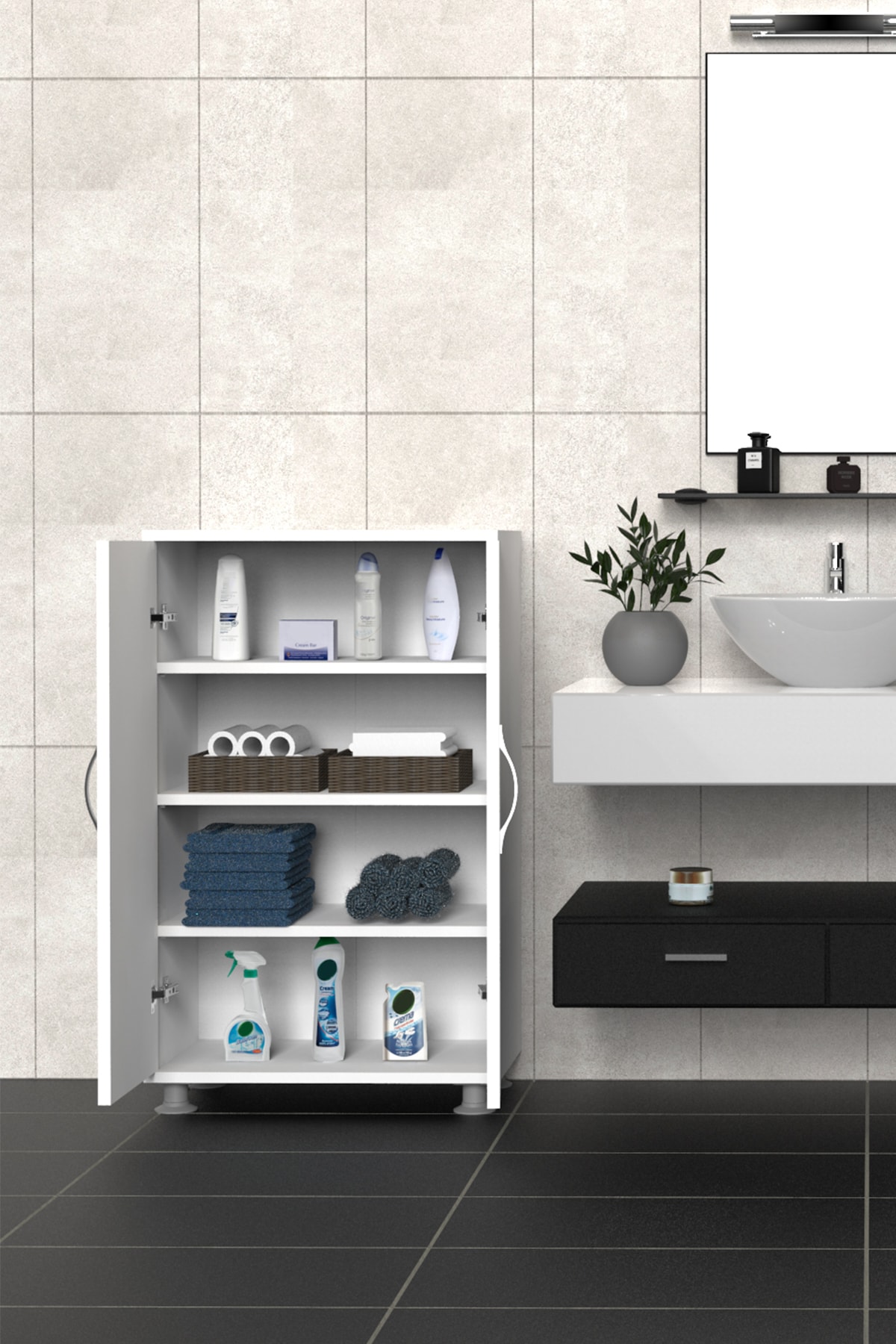 Mimilos Iki Kapılı Çok Amaçlı Raflı Dolap A10 Kapaklı Banyo Dolabı Beyaz