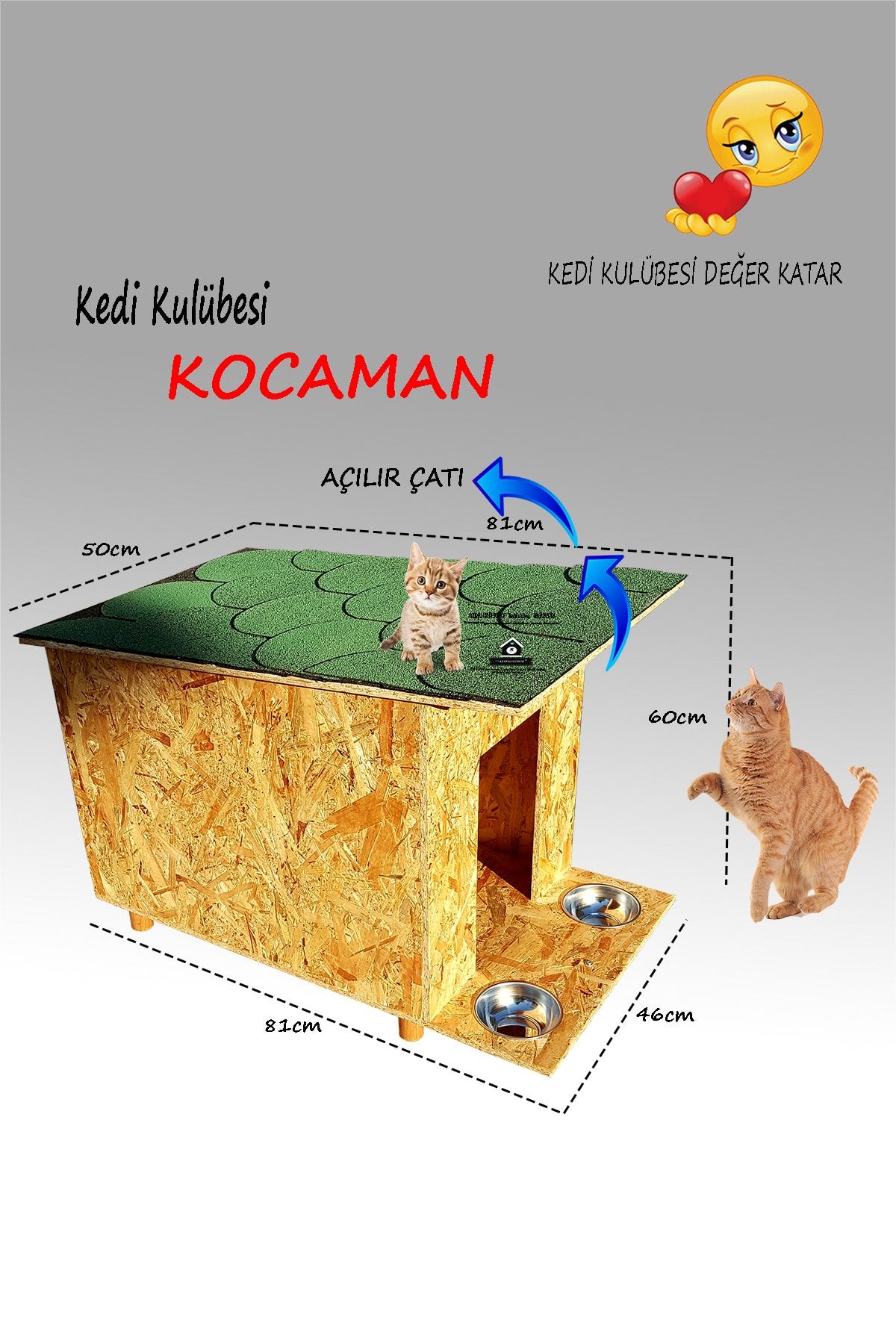 Kedi Kulübesi Kedi Evi - Çatı Kaplamalı - Mama Kabı