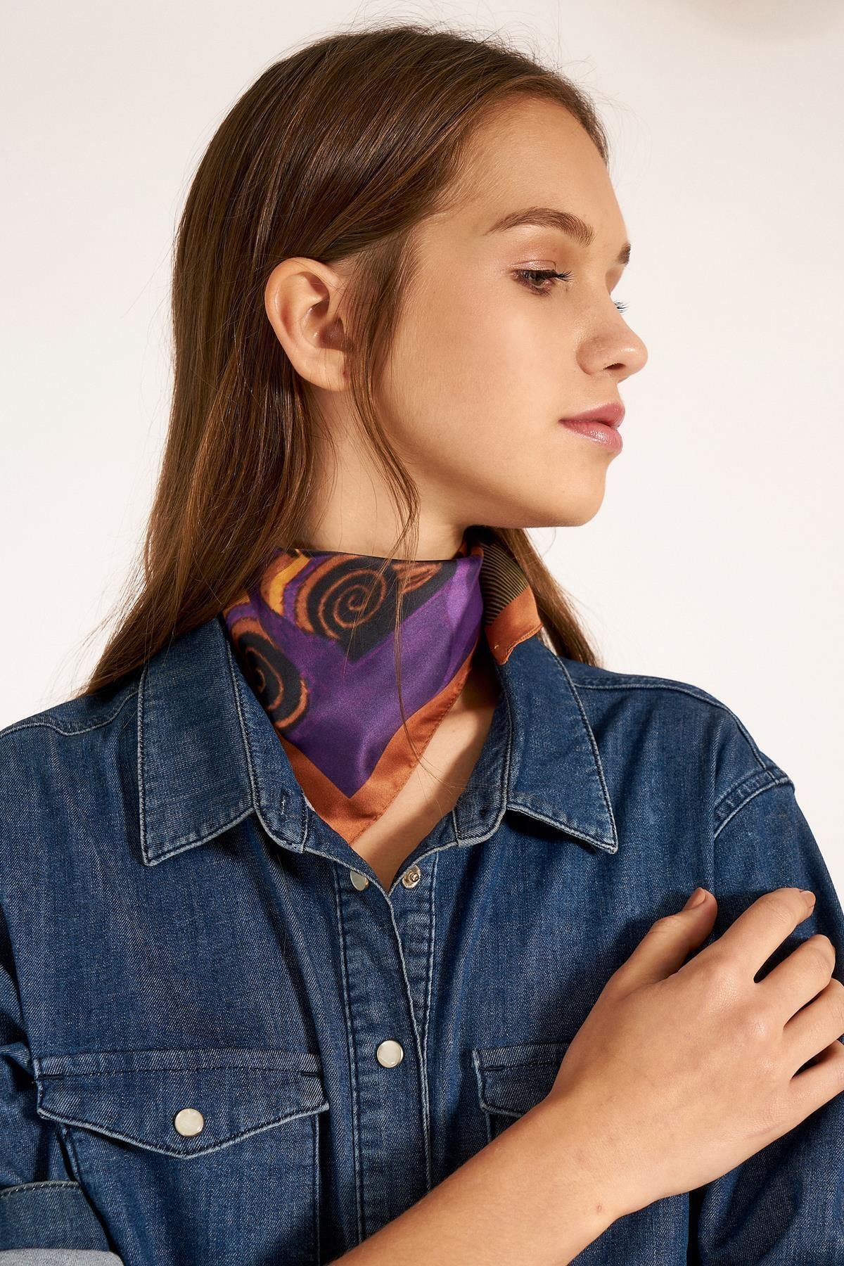 YLondon 13466 Etnik Çiçek Desenli Turuncu Bandana Fular