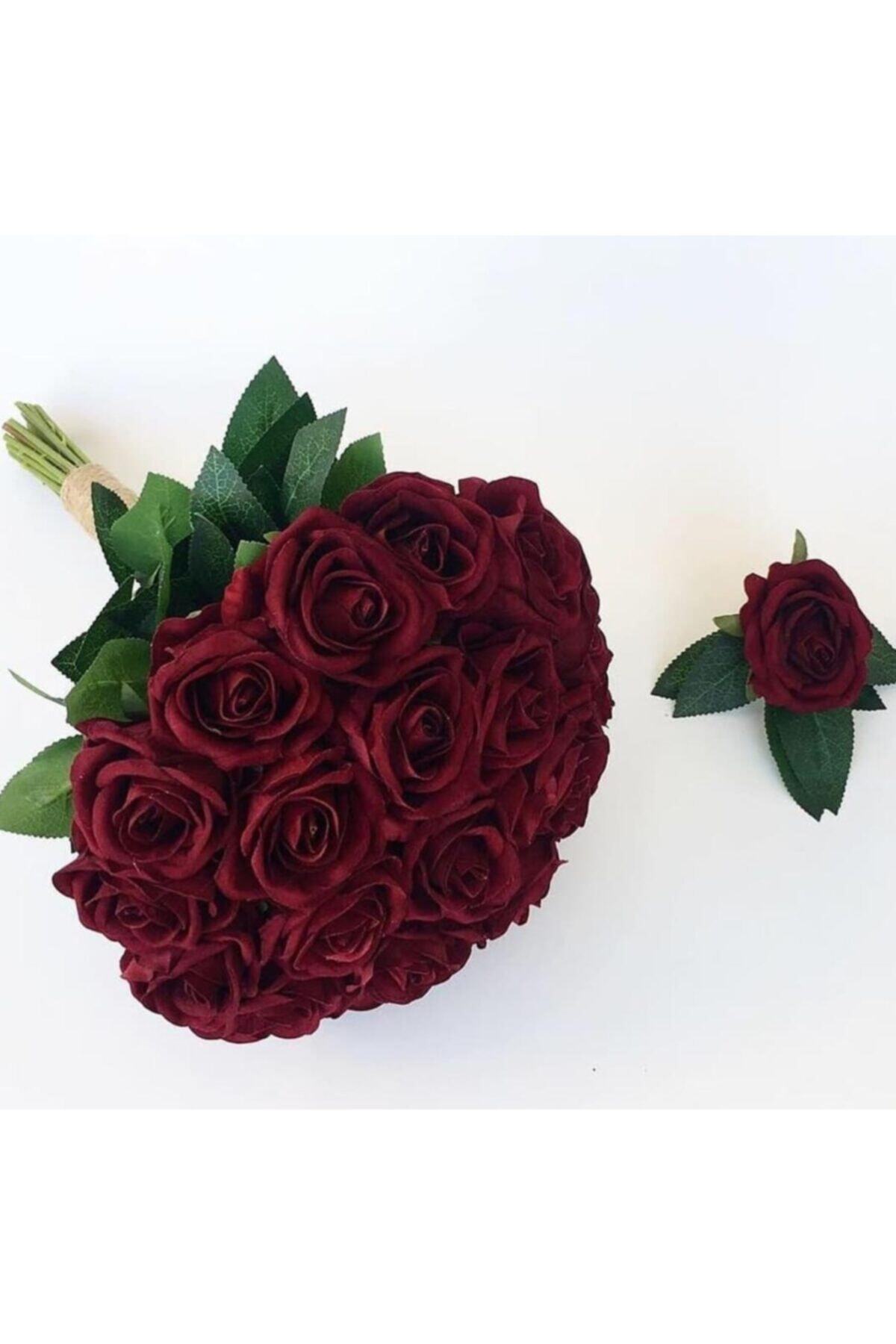 atolyekbk Kırmızı Kadife Gül Gelin Buketi Ve Damat Yaka Çiçeği (büyük Boy)
