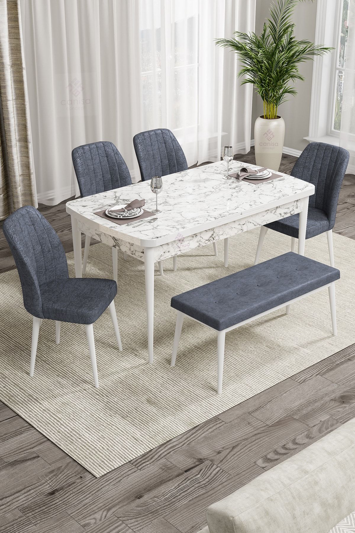 Canisa Concept Rio Serisi Bench'li Beyaz Mermer Desenli Mdf Mutfak Masası+4 Füme Sandalye