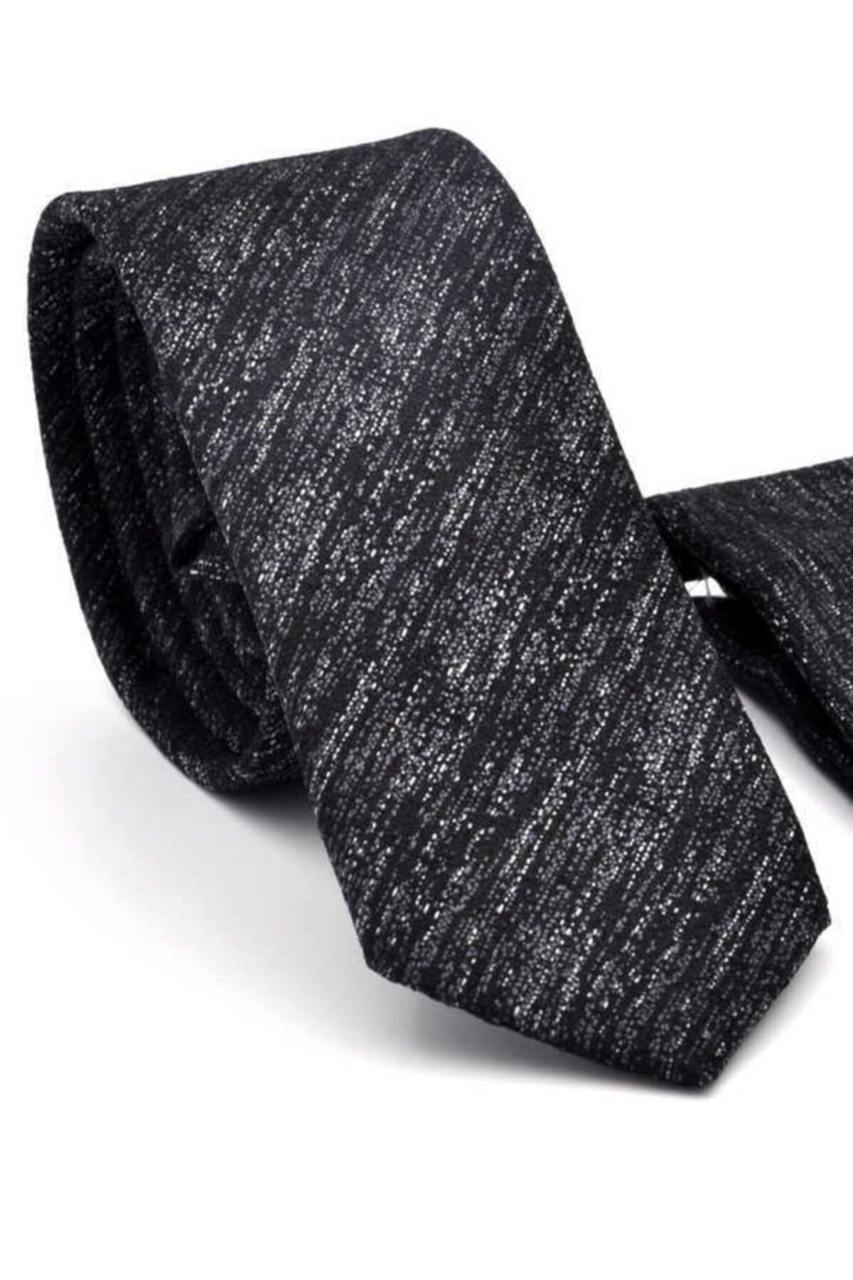 Gaffy Gri Kırcıl Desenli Siyah Dokuma Kumaş Mendilli Slim Fit Kravat / Sdk-21816