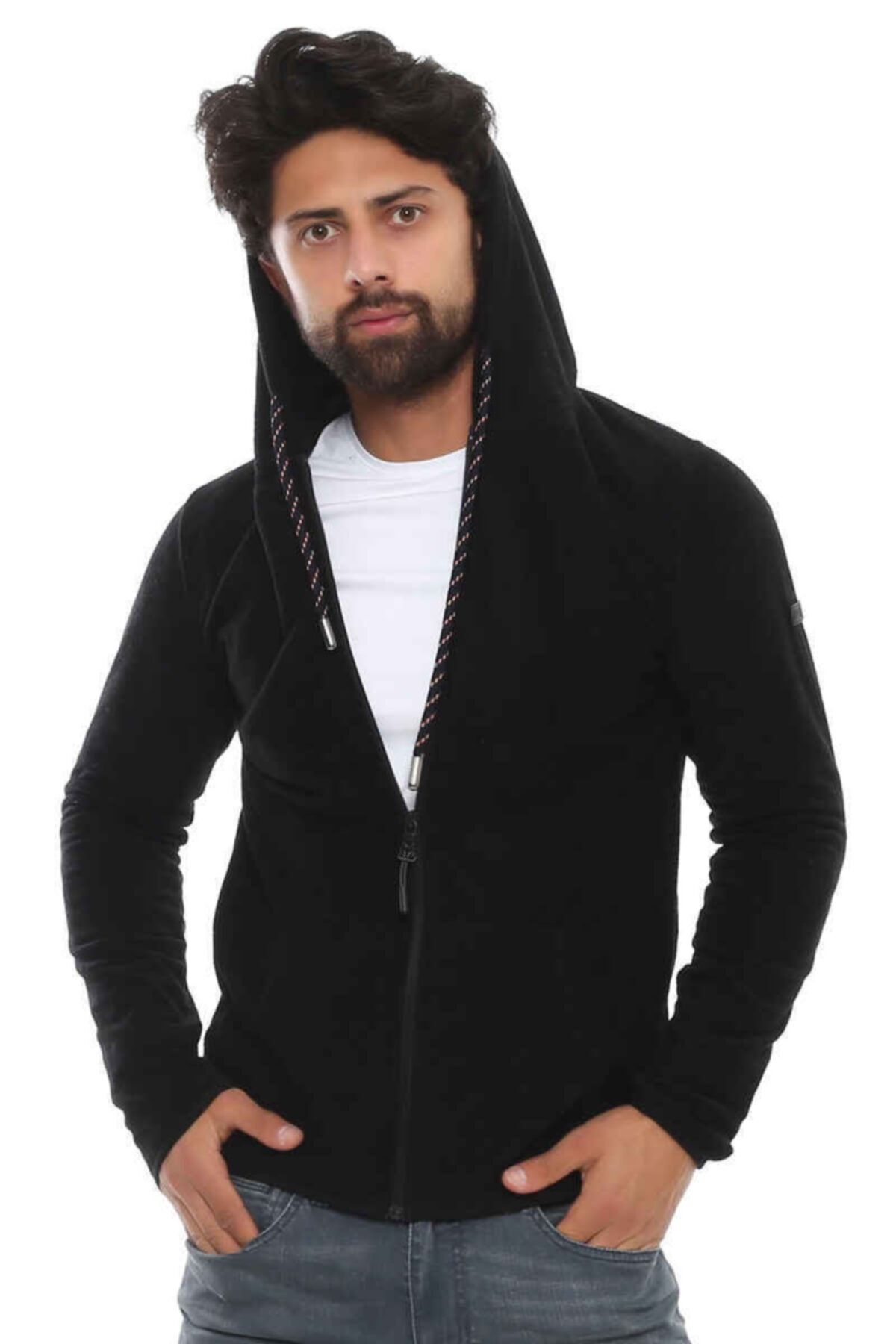 Cazador Caz 5031 Erkek Kapşonlu Düz Renk Polar Sweat Hırka Siyah