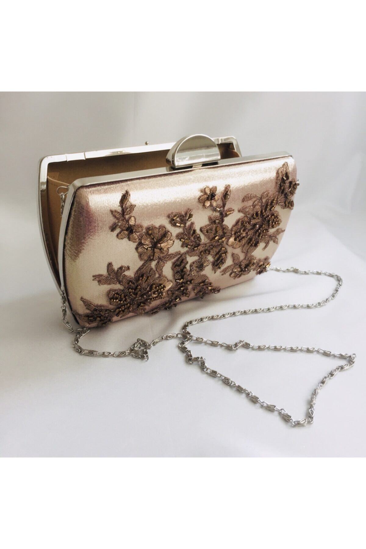 B&D Bengül Demir Turkuaz Atölye Dantel Detaylı Bronz Kadın Kutu Modeli Abiye Çanta & Clutch