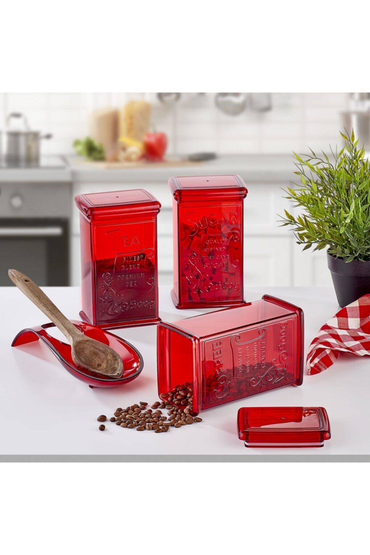 Prestijshop Kırmızı Çay Kahve Şeker Kavanozu 2 Kavanoz + 1 Kavanoz