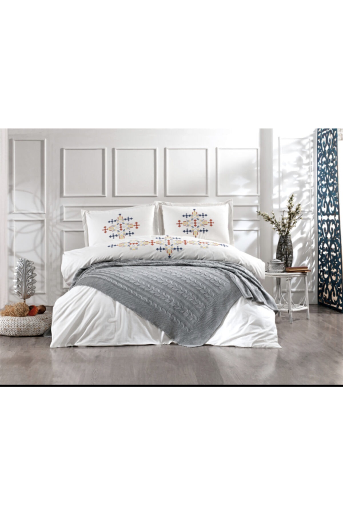 Vinaldi Kanaviçe Triko Battaniye Set Gri