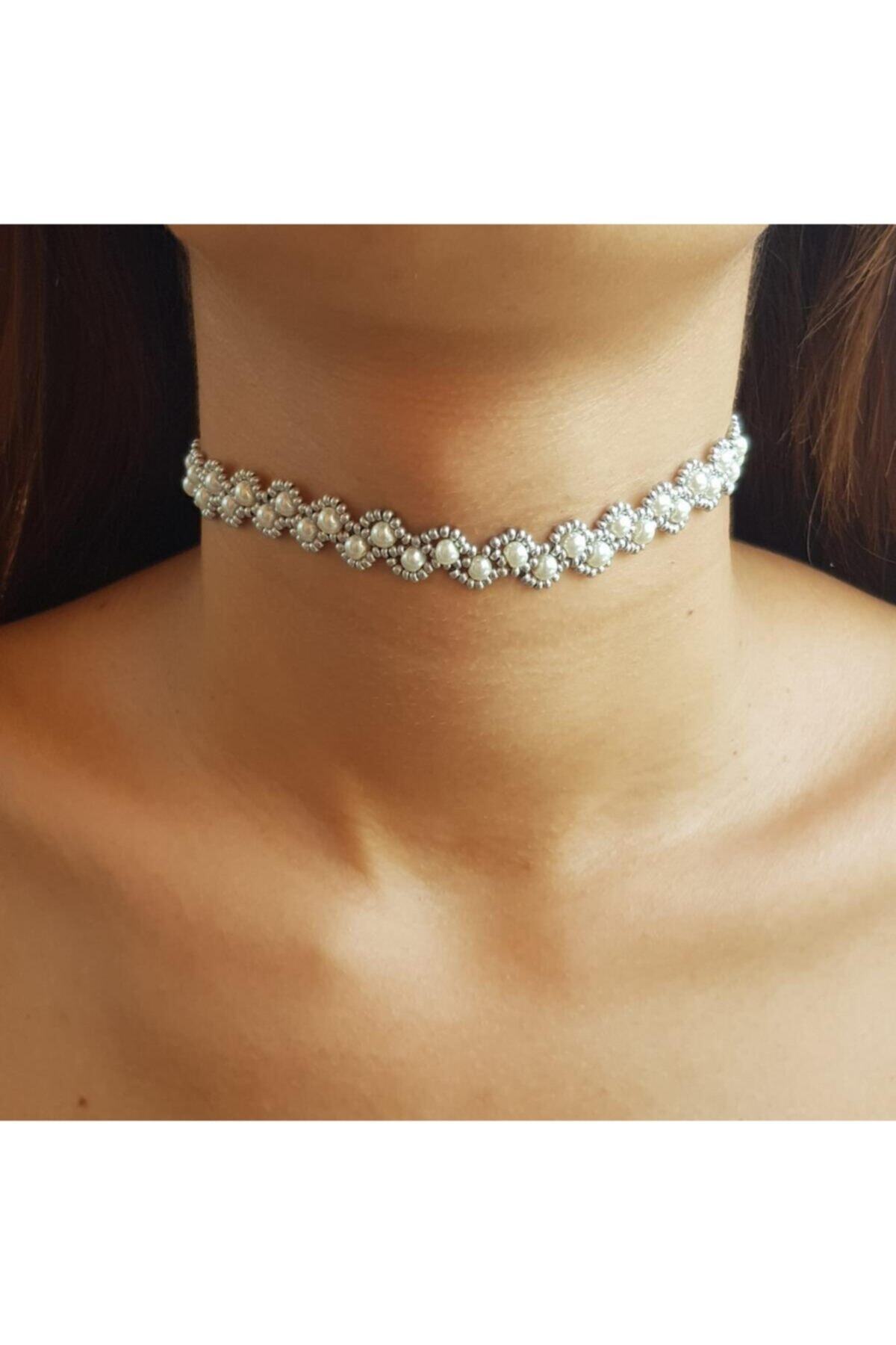 Handmade By HLY El Yapımı Gümüş Renk Detaylı Inci Choker Kolye
