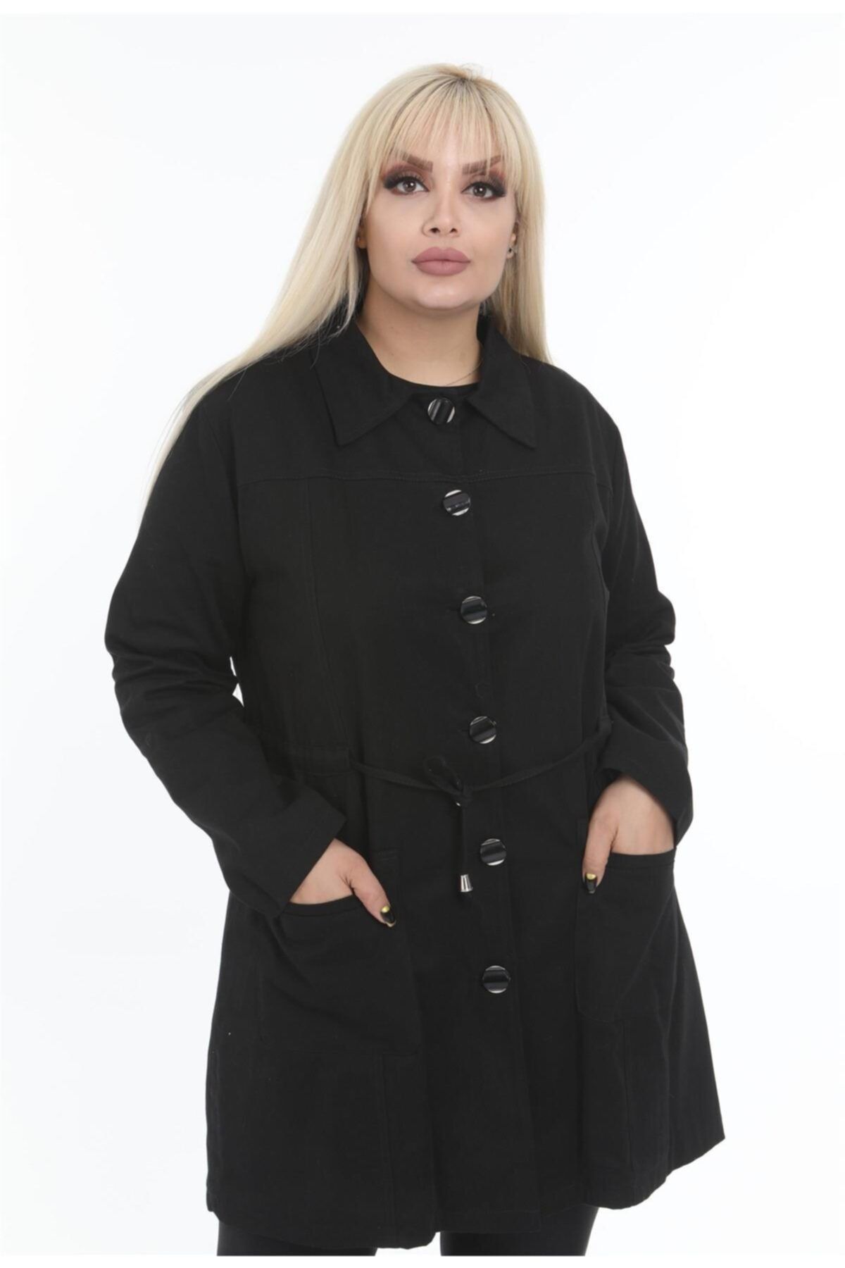 By Alba Collection Kadın Kısa Gabardin Büyük Beden Içi Kıvırcık Mont Siyah