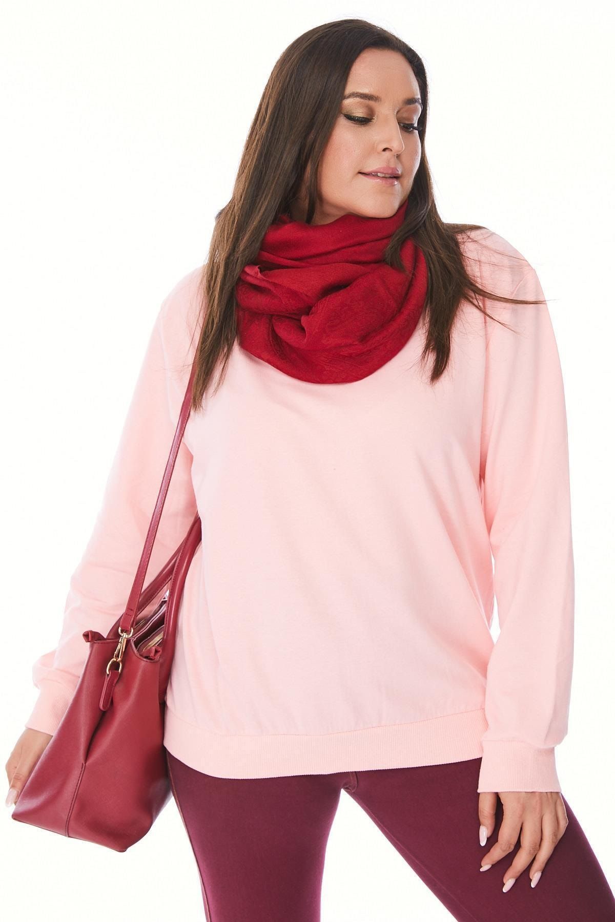 Siyezen Büyük Beden Pembe Basic Oversize Sweatshirt