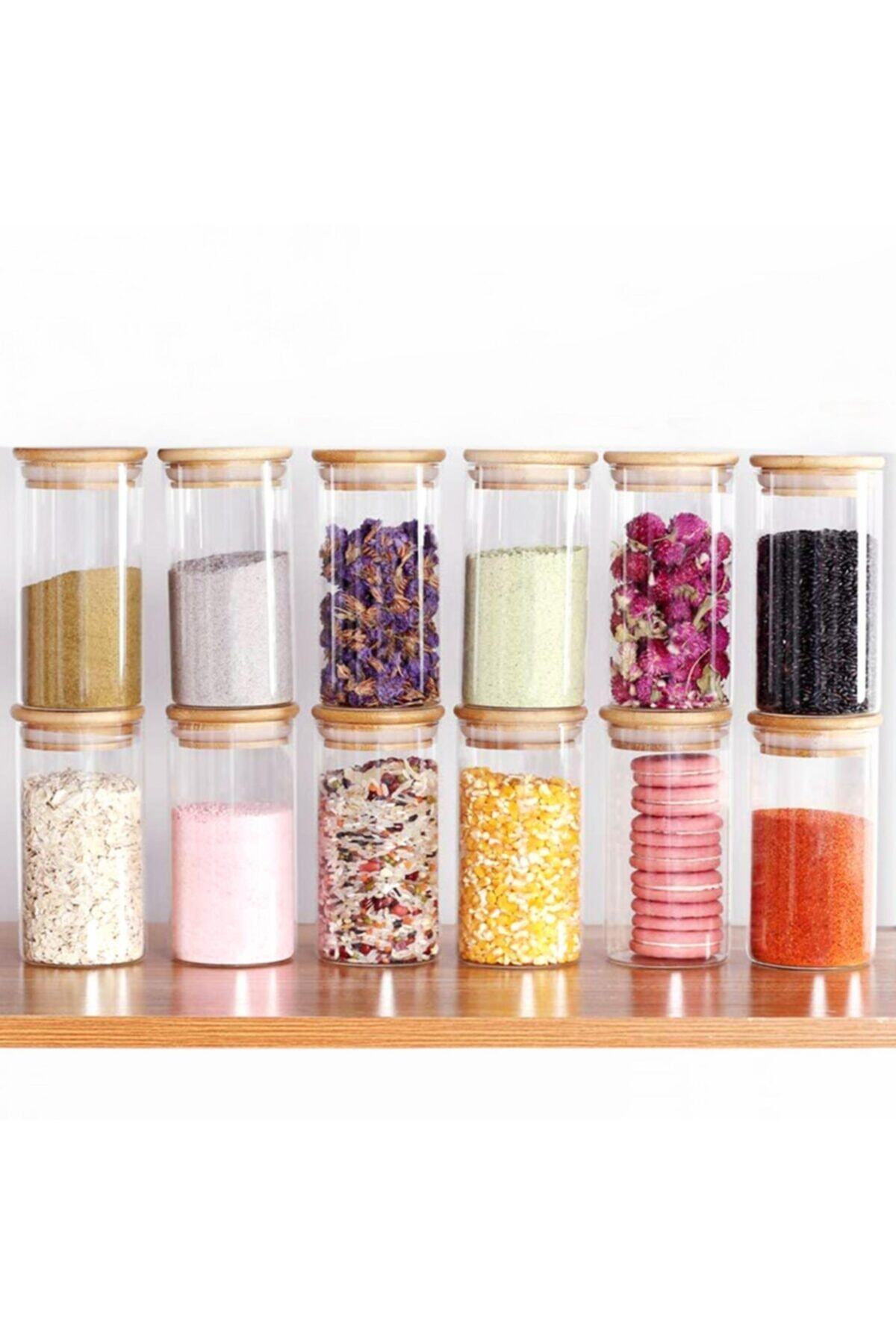 Mama Camilla 12 Li Set 300 Ml Kavanoz Borosilikat Cam Saklama Kabı Bambu Vakumlu Kapak Baharatlık Çerezlik