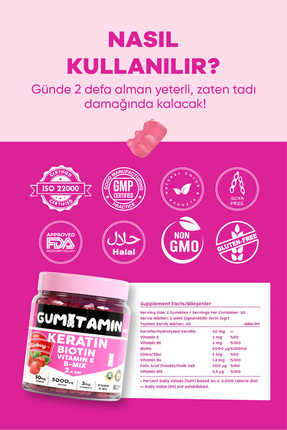 Saç Ve Tırnak Vitamini Gummy, Keratin, Biotin 5000, Folik Asit, Çinko, Vitamin E B12 B5 B6 Image 5