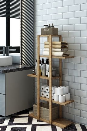 Lotus Atlantik Çam Ahşap 5 Katlı Banyo Rafı , Organizer ,Dekoratif Raf , Çok Amaçlı Kullanım Image 0