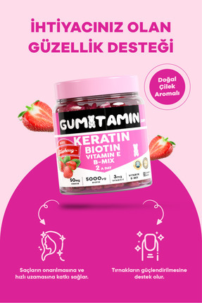 Saç Ve Tırnak Vitamini Gummy, Keratin, Biotin 5000, Folik Asit, Çinko, Vitamin E B12 B5 B6 Image 1
