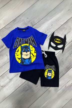 Baskılı Tişört Şort ve Batman Maskeli Mavi Renk Çocuk Takım Image 0