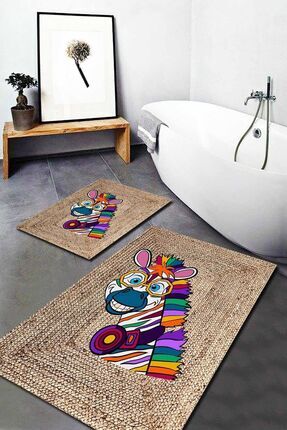 Mısırlı Halı Renkli Zebra Desenli Jüt 2'li Halı Takımı (60X100/40X60) - Esta1266 Image 0