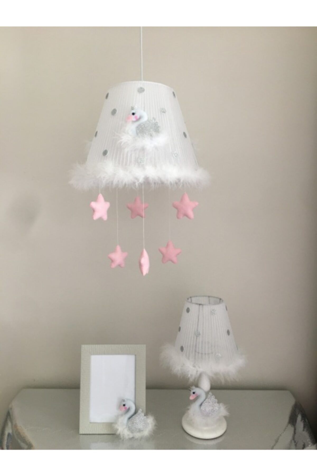 Keçeli parti hayalleri Bebek Çocuk Avize Abajur Çerçeve Kuğu Açık Pembe Set