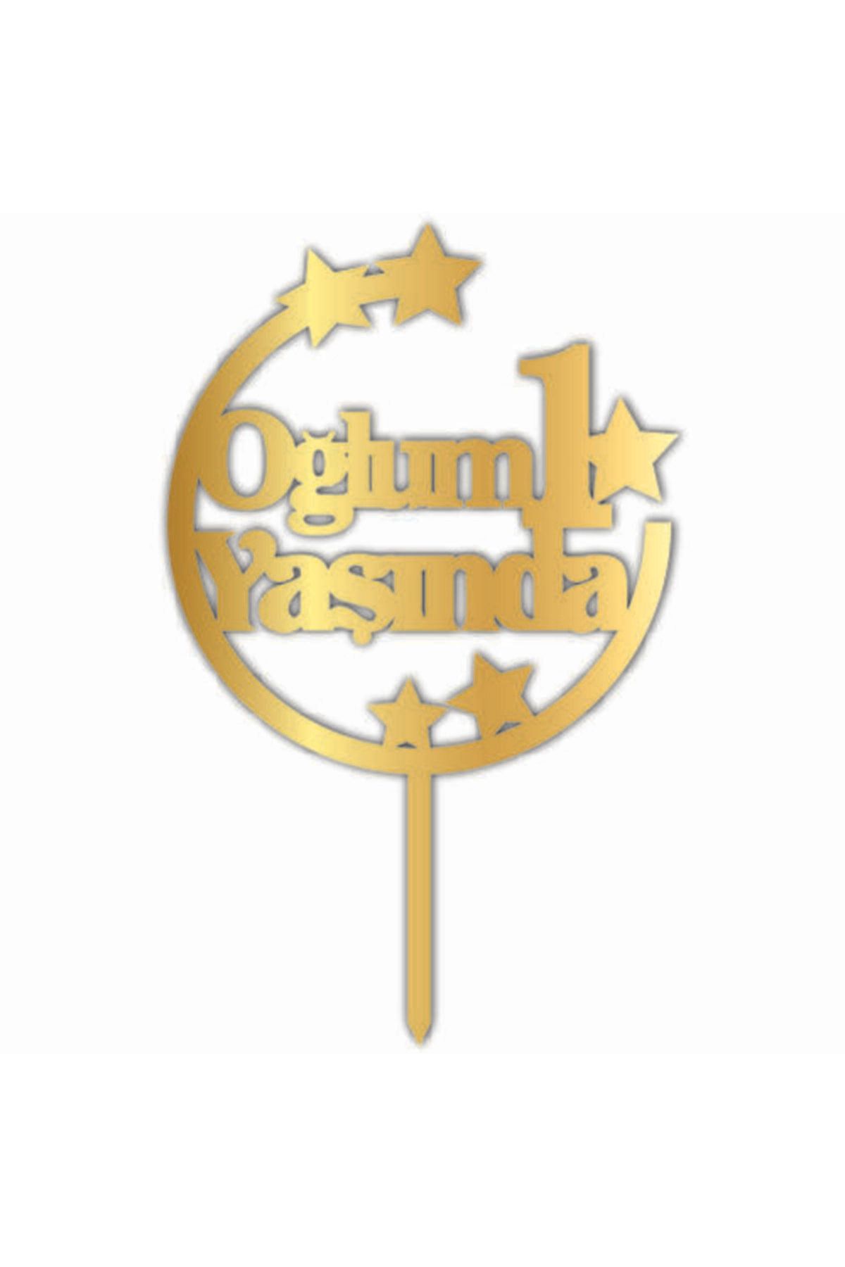 Doğumgünü Marketim Pasta Üzeri Pleksi Yazı Gold Oğlum 1 Yaşında