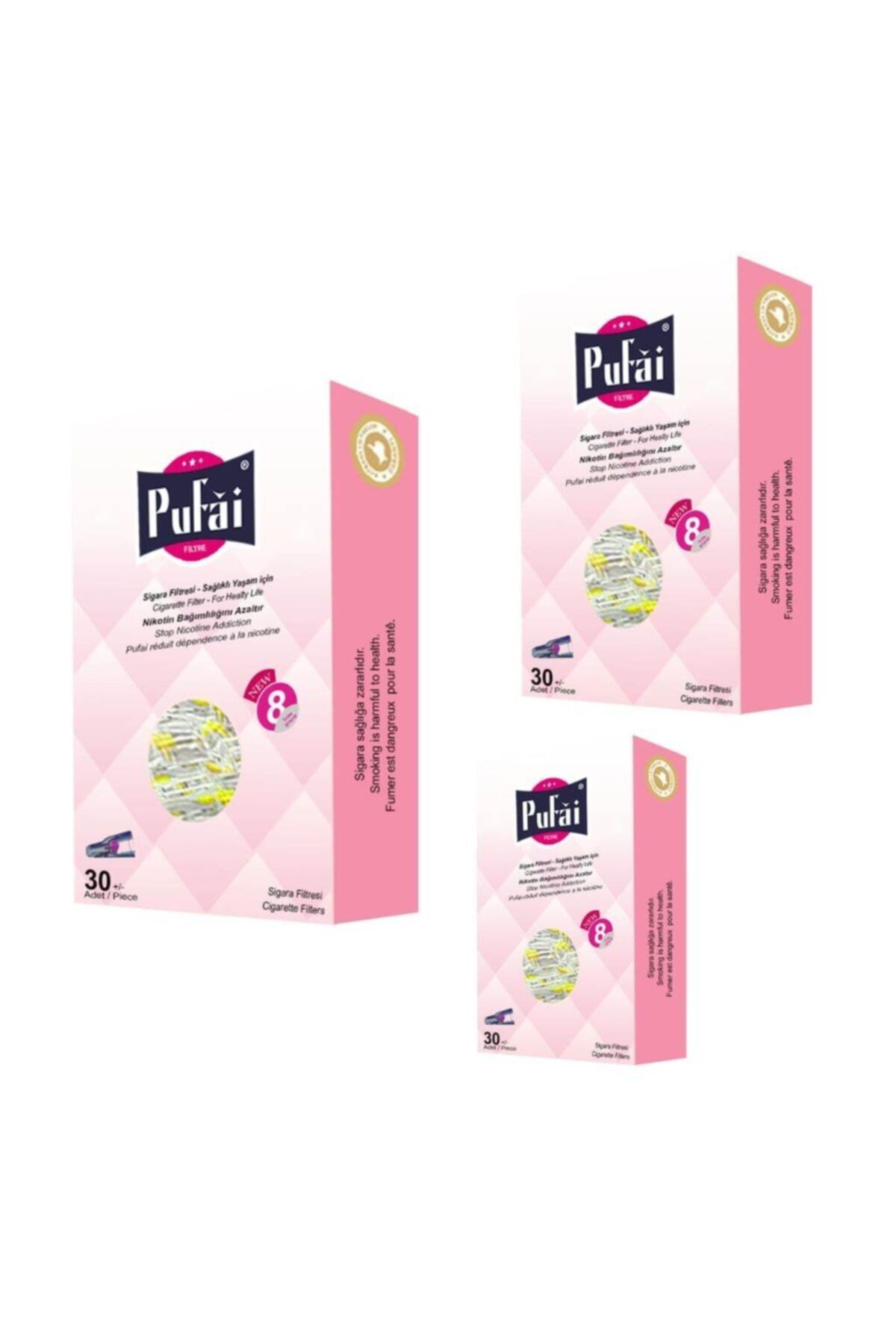 Pufai Sigara Filtresi Tar Süzen Ağızlık Normal Boy 8 Mm Uyumlu 90 Adet 3 Kutu Pembe