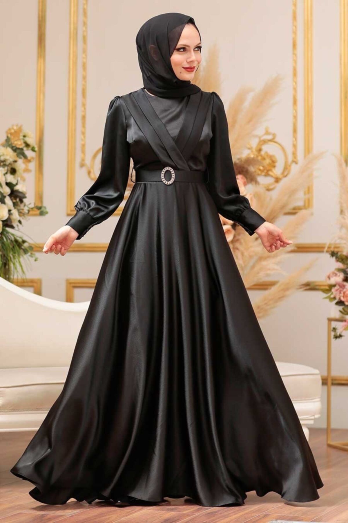 Neva Style Tokalı Kemerli Siyah Tesettür Abiye Elbise 31290s