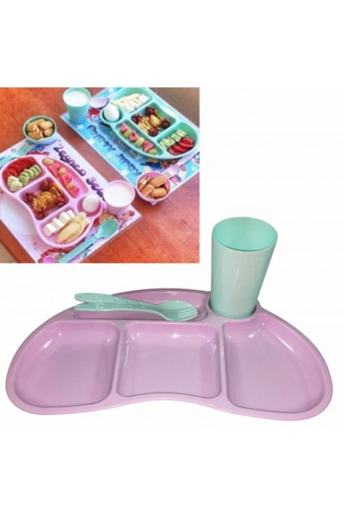 BERONİ Tabldot Çocuk Yemek Plastik Tabldot Set 4 Parça - Bölmeli Bardak Çatal Kaşıklı
