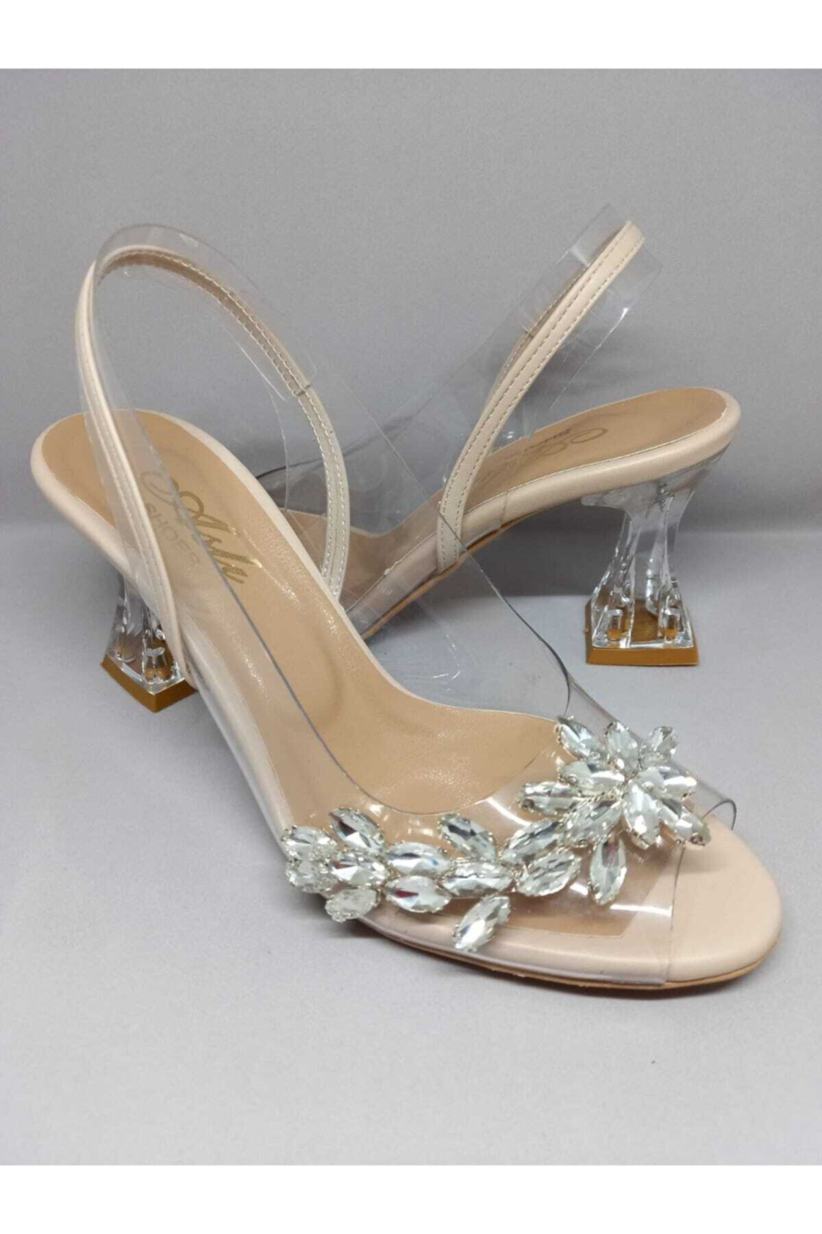ASLI SHOES Şeffaf Taşlı Burnu Açık Kalın Topuklu Şık Kadın Ayakkabı