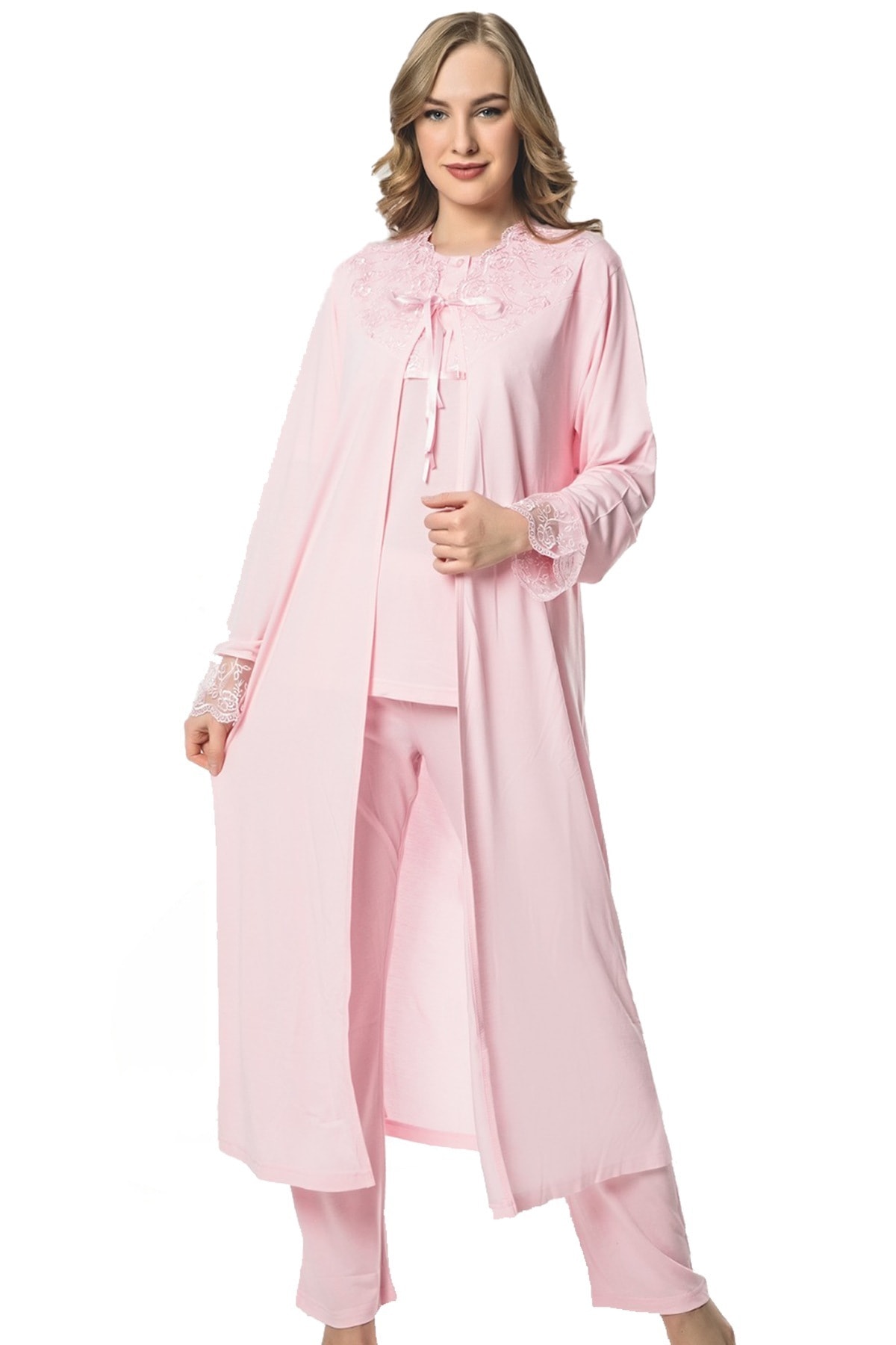 ATINÇ 622-183 Kadın Lahusa Pudra Pembe Dantel Detaylı Pamuklu Sabahlıklı Kısa Kollu Pijama Takımı