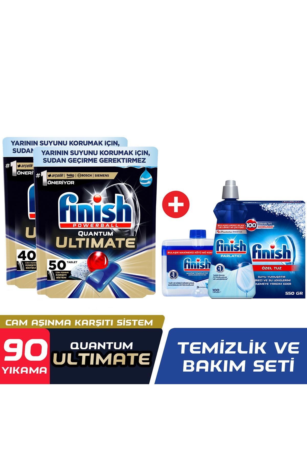 Finish Quantum Ultimate 90 Kapsül  Bulaşık Makinesi Deterjanı Tablet (50+40) + Temizlik ve Bakım Set