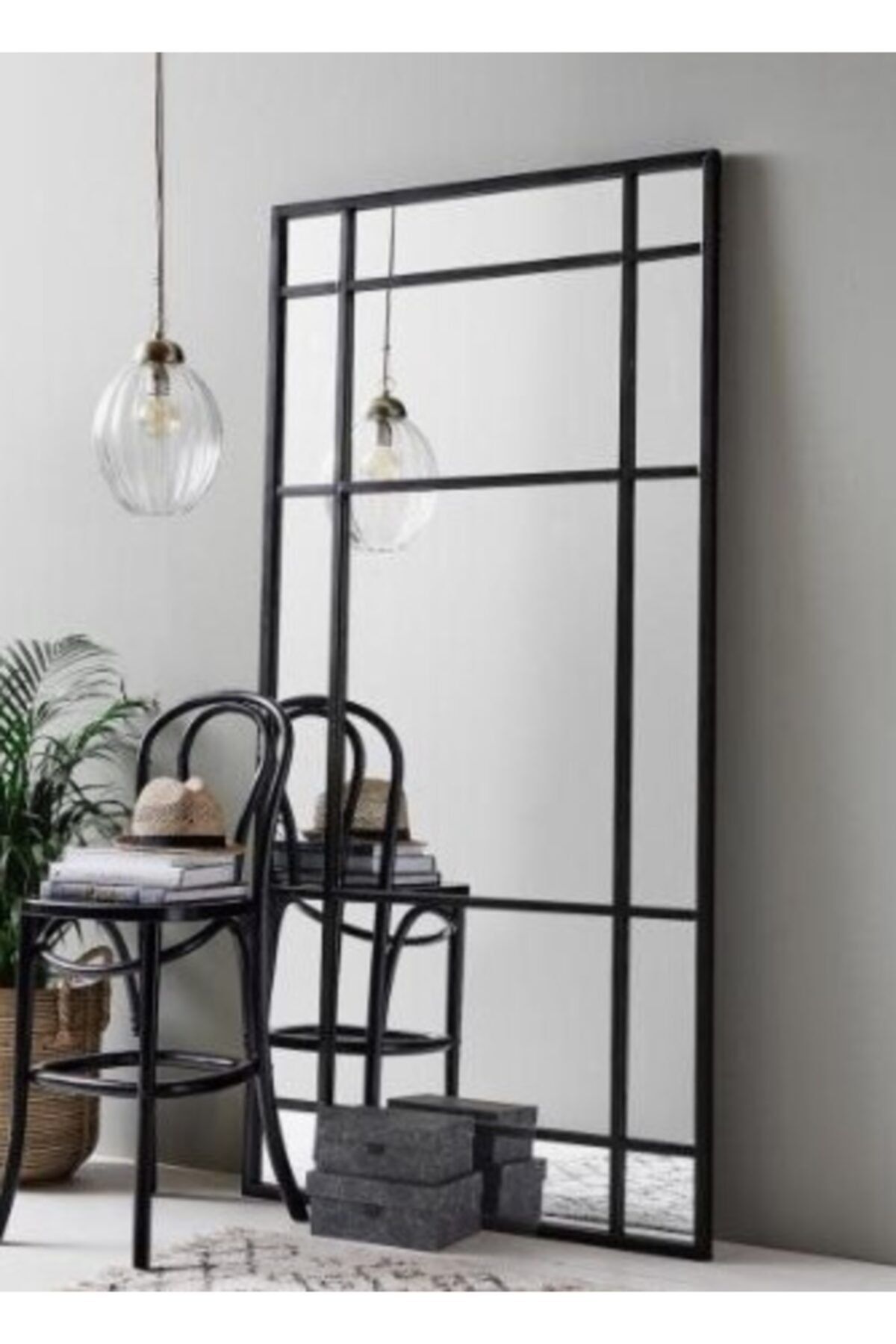 Effe Yapı Dekorasyon Siyah Metal Çerçeveli Dekoratif Boy Aynası 180x80cm