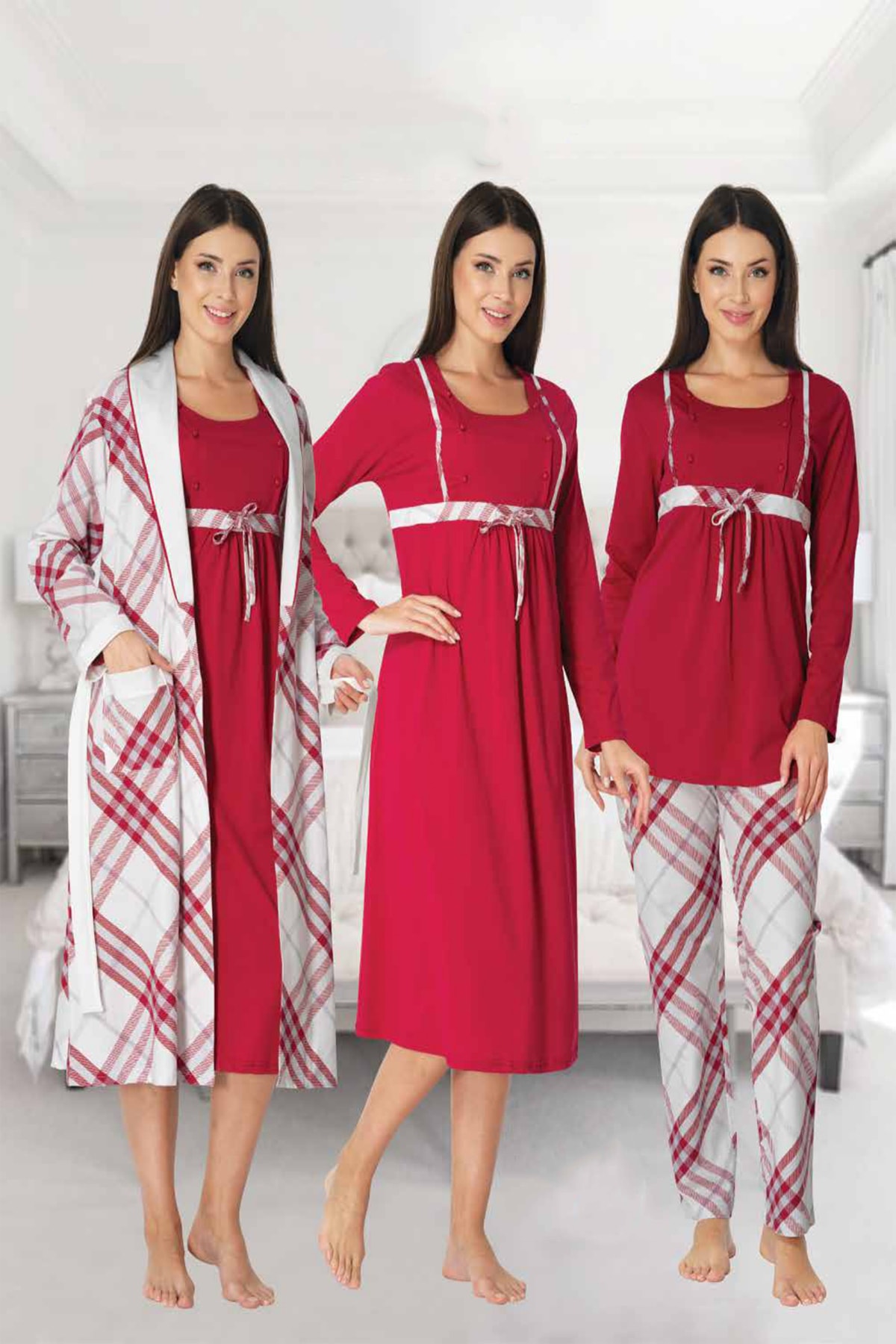Effortt Mayss Collections 8086 Vişne Renk Gecelik,sabahlık,pijama 4'lü Takım Seti