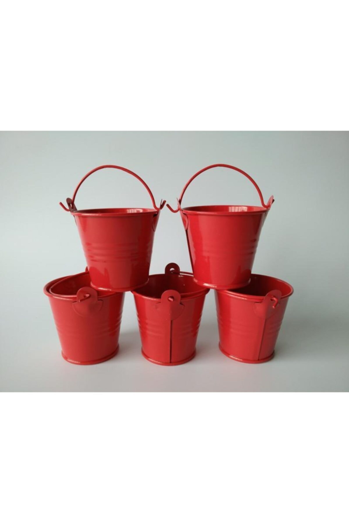 evvehediyelikesya 6'lı Kulplu Metal Kırmızı Saksı Kova Sunum & Şekerlik 9x9cm