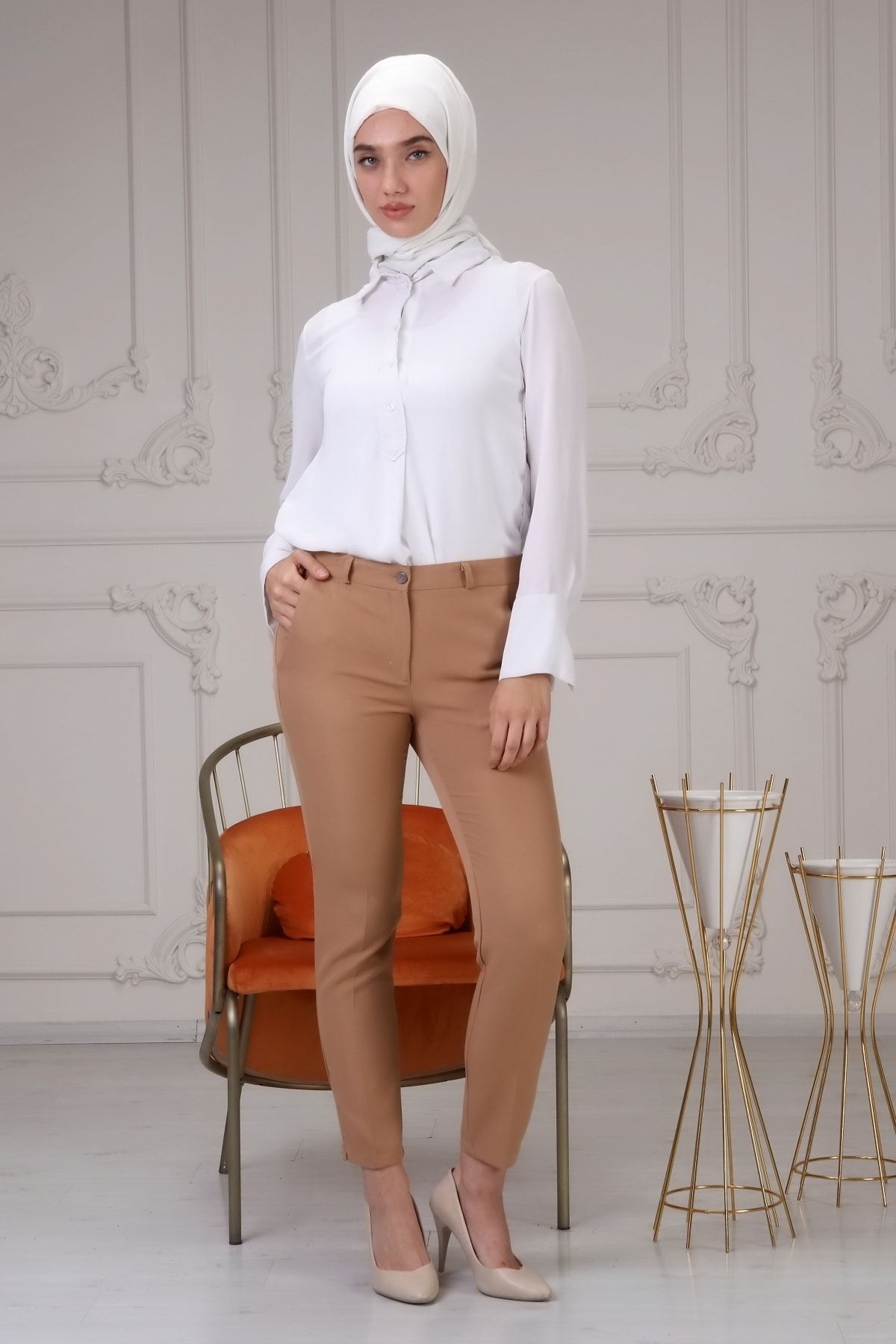 rekado Dar Paça Yırtmaçlı Kadın Pantolon Taba